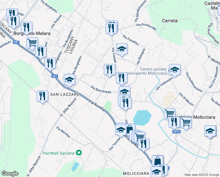 map of restaurants, bars, coffee shops, grocery stores, and more near 9 Via Baccanella in Colombiera-molicciara