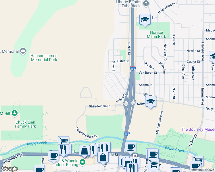 map of restaurants, bars, coffee shops, grocery stores, and more near 729 High Street in Rapid City