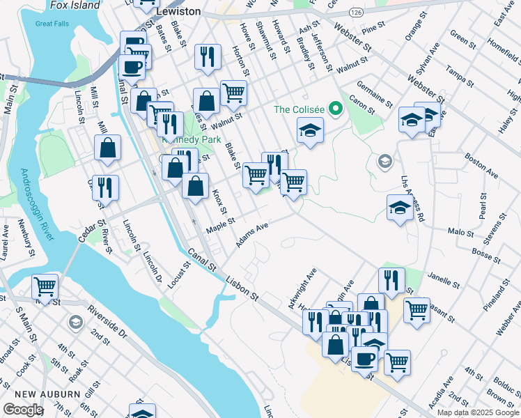 map of restaurants, bars, coffee shops, grocery stores, and more near 80 Adams Avenue in Lewiston