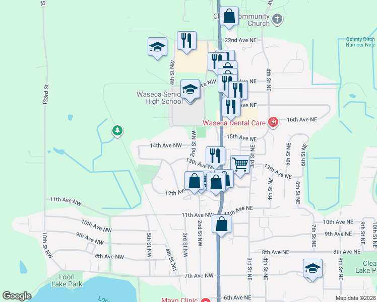 map of restaurants, bars, coffee shops, grocery stores, and more near 1301 2nd Street Northwest in Waseca