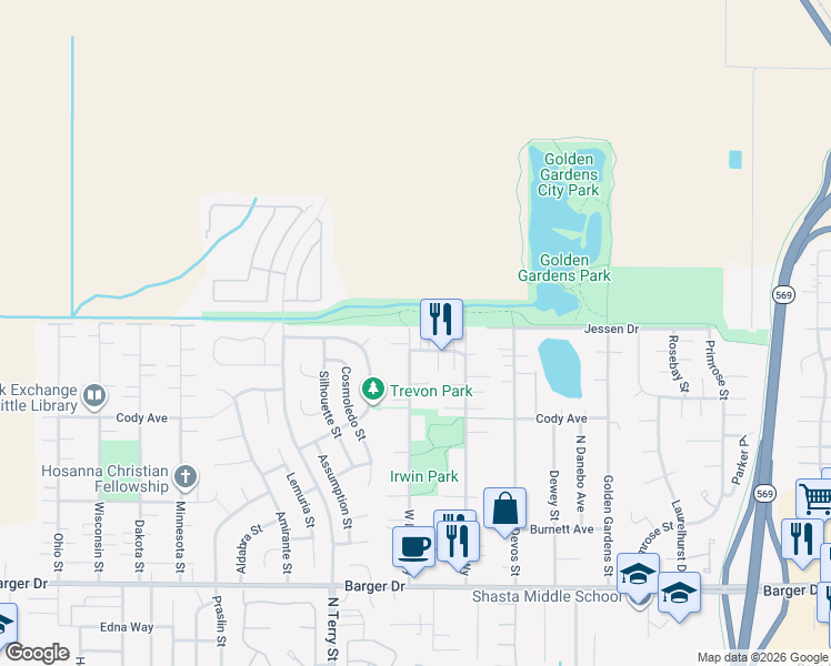 map of restaurants, bars, coffee shops, grocery stores, and more near 4990 North Way in Eugene