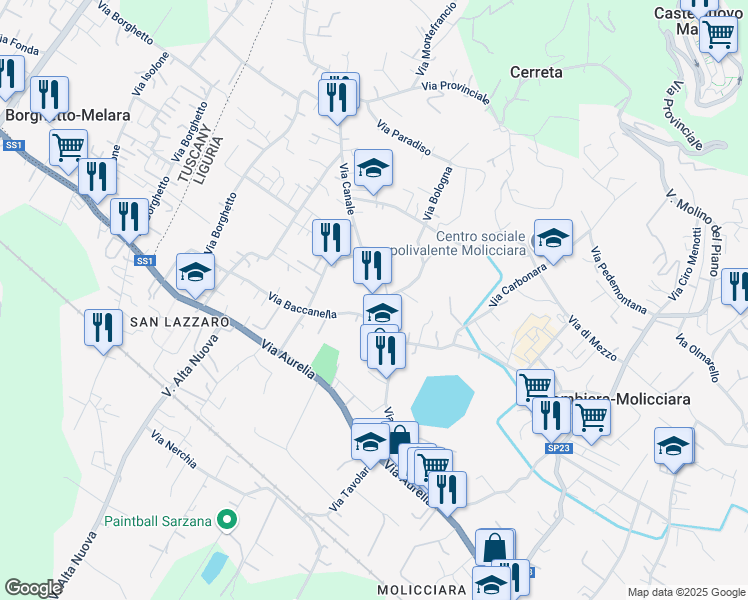 map of restaurants, bars, coffee shops, grocery stores, and more near 84 Via Canale in Colombiera-molicciara