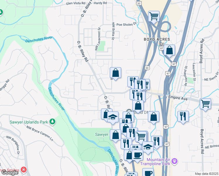 map of restaurants, bars, coffee shops, grocery stores, and more near 20291 Schaeffer Drive in Bend