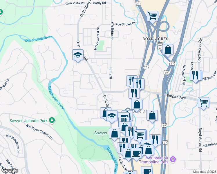 map of restaurants, bars, coffee shops, grocery stores, and more near 20291 Schaeffer Drive in Bend