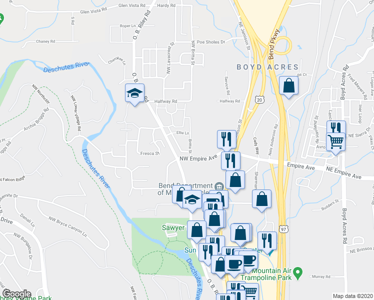map of restaurants, bars, coffee shops, grocery stores, and more near 20291 Schaeffer Drive in Bend