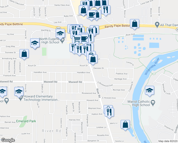 map of restaurants, bars, coffee shops, grocery stores, and more near 1725 Evergreen Drive in Eugene