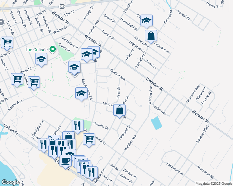 map of restaurants, bars, coffee shops, grocery stores, and more near 16 Malo Street in Lewiston