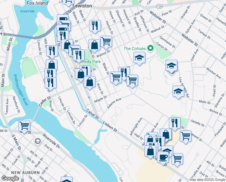 map of restaurants, bars, coffee shops, grocery stores, and more near 336 Bates Street in Lewiston