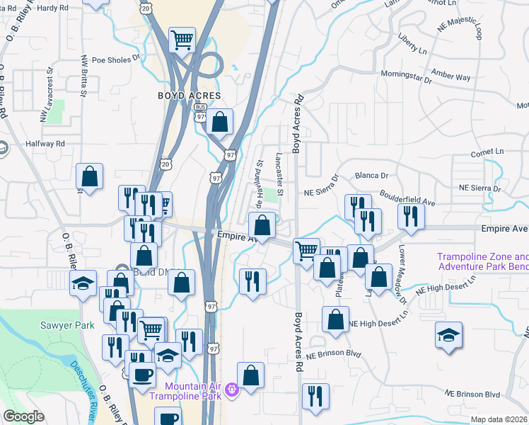 map of restaurants, bars, coffee shops, grocery stores, and more near 20527 Avro Place in Bend