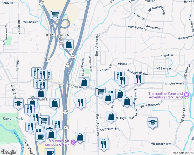 map of restaurants, bars, coffee shops, grocery stores, and more near 63162 Boyd Acres Road in Bend