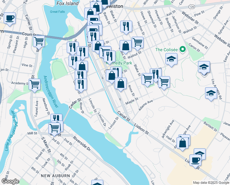 map of restaurants, bars, coffee shops, grocery stores, and more near 415 Lisbon Street in Lewiston
