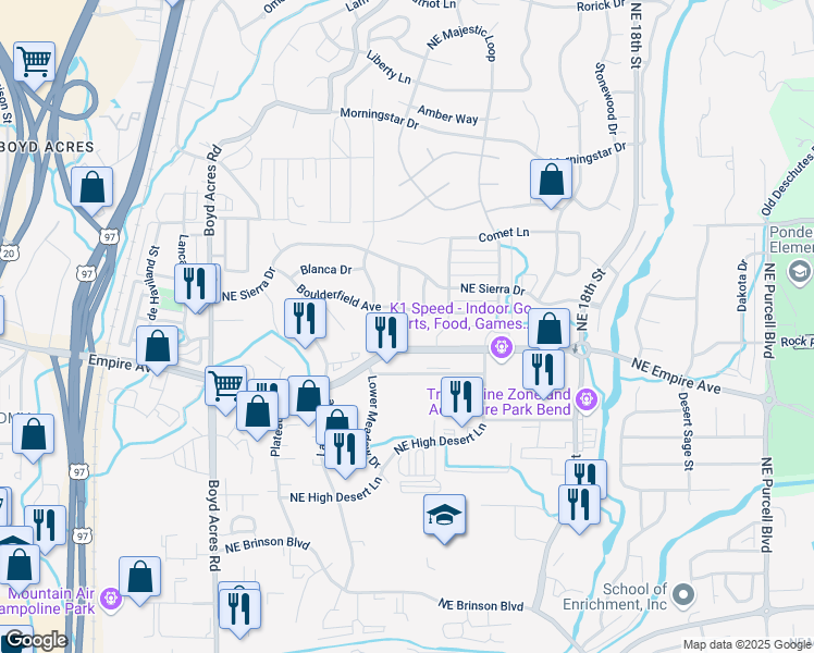 map of restaurants, bars, coffee shops, grocery stores, and more near 63114 Northeast Meridian Place in Bend