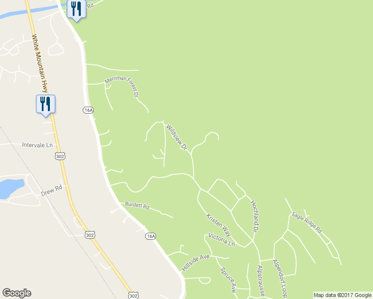 map of restaurants, bars, coffee shops, grocery stores, and more near Wildview Drive in Intervale