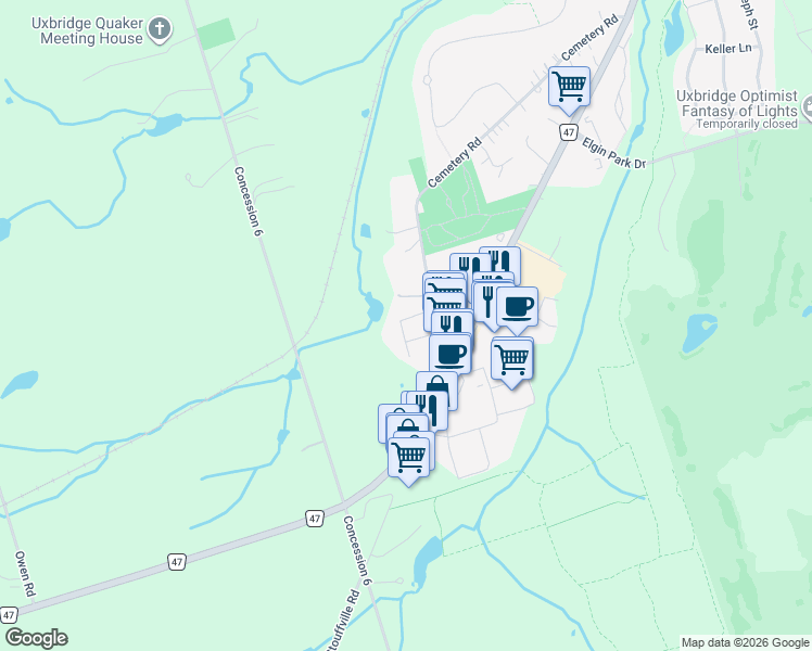 map of restaurants, bars, coffee shops, grocery stores, and more near 20 Gord Matthews Way in Uxbridge