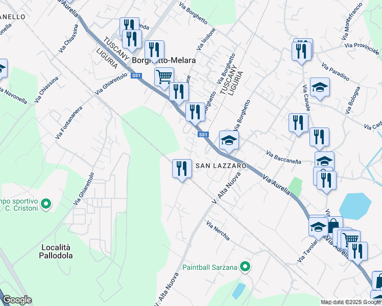 map of restaurants, bars, coffee shops, grocery stores, and more near 40 Via Alta in Sarzana