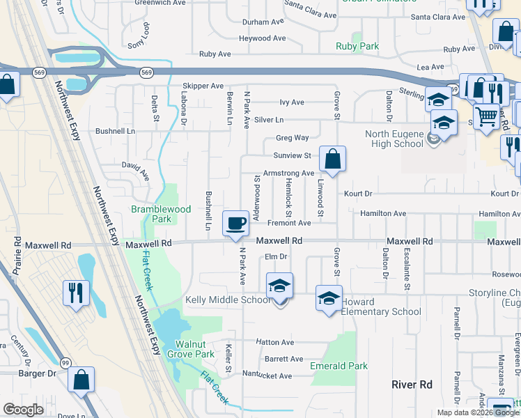 map of restaurants, bars, coffee shops, grocery stores, and more near 1755 Alderwood Street in Eugene