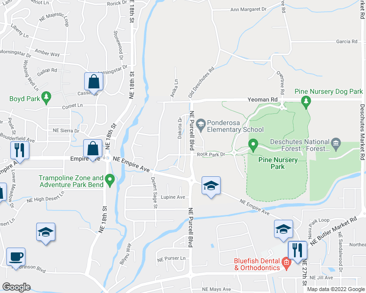 map of restaurants, bars, coffee shops, grocery stores, and more near 63114 Dakota Drive in Bend