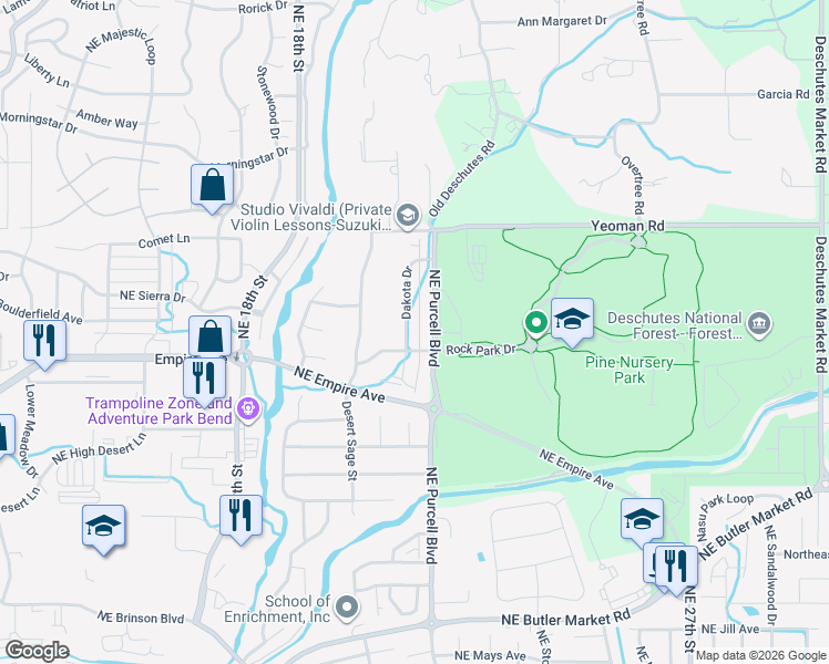 map of restaurants, bars, coffee shops, grocery stores, and more near 63139 Dakota Drive in Bend