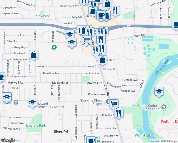 map of restaurants, bars, coffee shops, grocery stores, and more near 105 Hamilton Avenue in Eugene