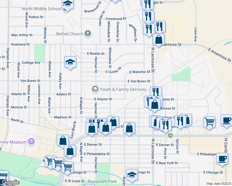map of restaurants, bars, coffee shops, grocery stores, and more near 302 East Jackson Street in Rapid City