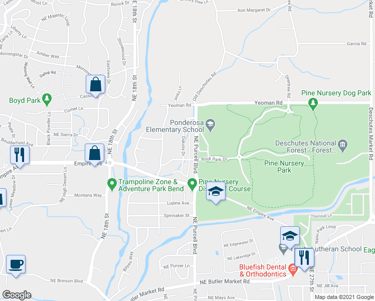 map of restaurants, bars, coffee shops, grocery stores, and more near 63139 Dakota Drive in Bend