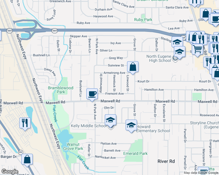 map of restaurants, bars, coffee shops, grocery stores, and more near 1808 Brentwood Avenue in Eugene