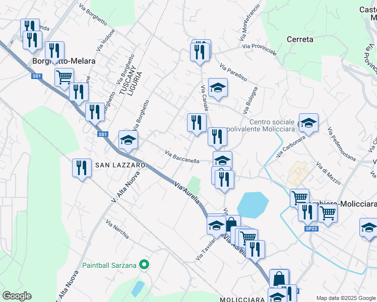 map of restaurants, bars, coffee shops, grocery stores, and more near 12 Via Aglione in Colombiera-molicciara