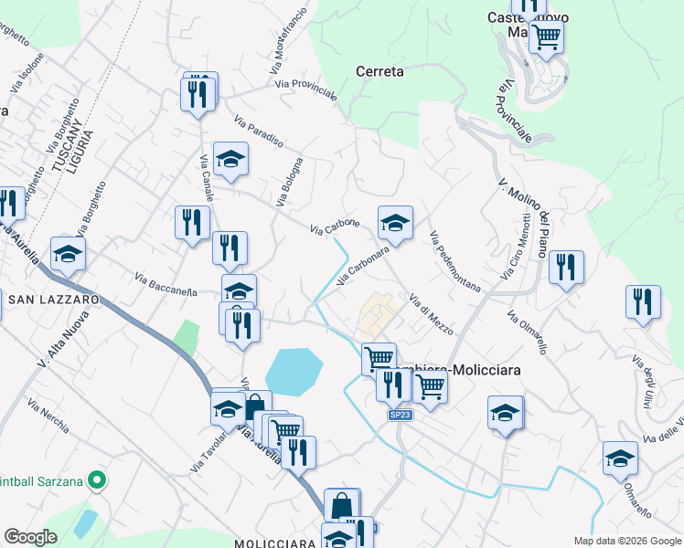 map of restaurants, bars, coffee shops, grocery stores, and more near 29 Via Carbonara in Colombiera-molicciara