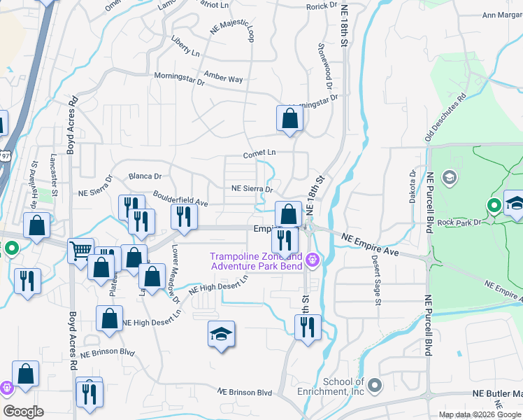 map of restaurants, bars, coffee shops, grocery stores, and more near 20948 Northeast High Desert Lane in Bend