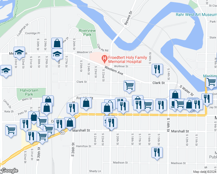 map of restaurants, bars, coffee shops, grocery stores, and more near 816 South 21st Street in Manitowoc
