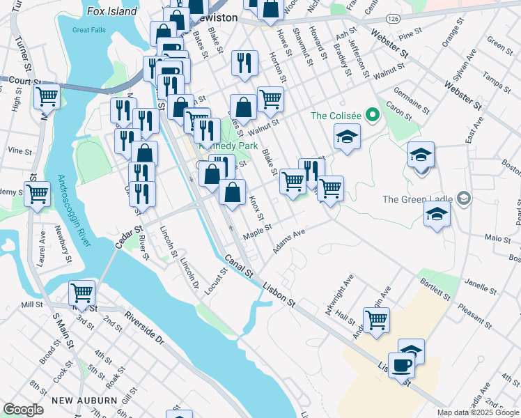 map of restaurants, bars, coffee shops, grocery stores, and more near 283 Bates Street in Lewiston