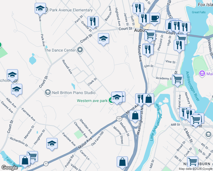 map of restaurants, bars, coffee shops, grocery stores, and more near in Auburn