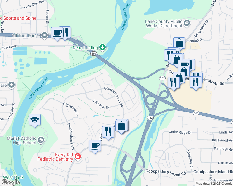 map of restaurants, bars, coffee shops, grocery stores, and more near 3610 Goodpasture Loop in Eugene