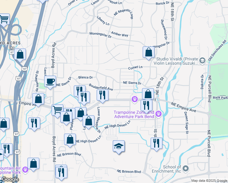 map of restaurants, bars, coffee shops, grocery stores, and more near 63148 Northeast Hadley Place in Bend