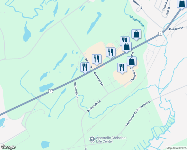 map of restaurants, bars, coffee shops, grocery stores, and more near 107 New County Road in Thomaston