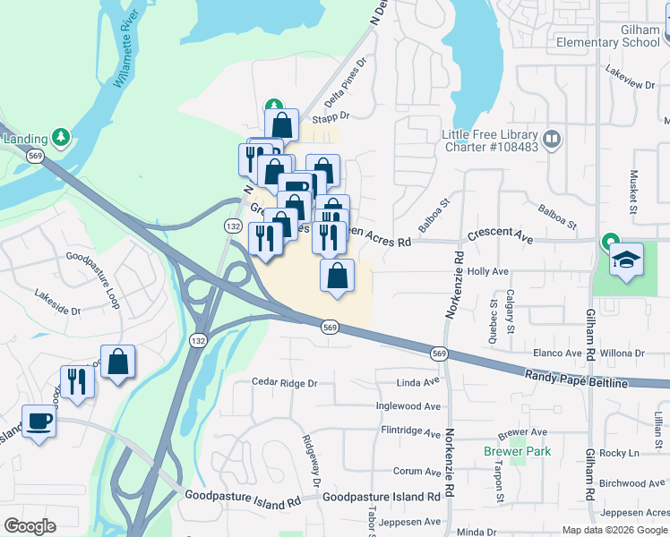 map of restaurants, bars, coffee shops, grocery stores, and more near 1050 Green Acres Road in Eugene