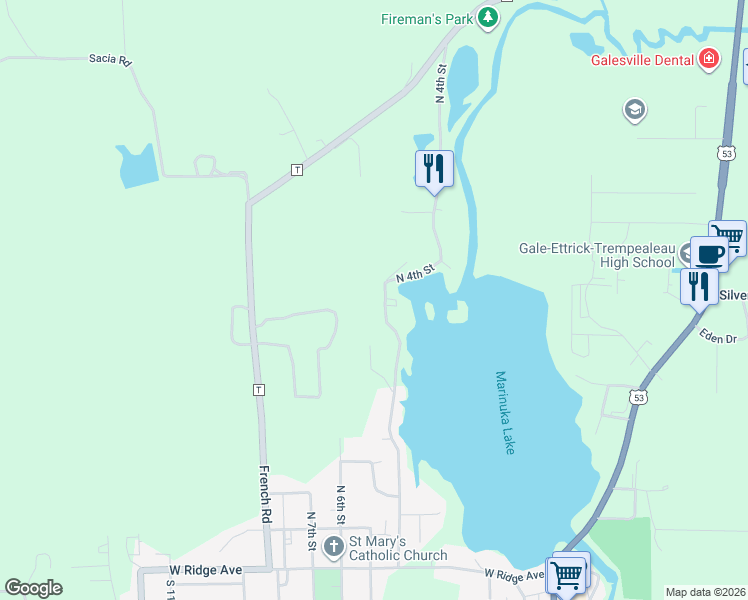 map of restaurants, bars, coffee shops, grocery stores, and more near N17464 North 4th Street in Galesville