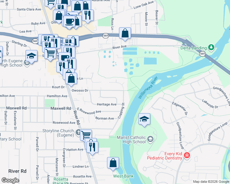 map of restaurants, bars, coffee shops, grocery stores, and more near 318 Carolyn Drive in Eugene