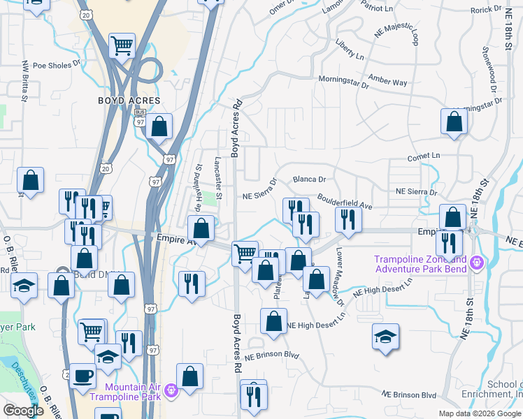 map of restaurants, bars, coffee shops, grocery stores, and more near 20593 Northeast Sierra Drive in Bend