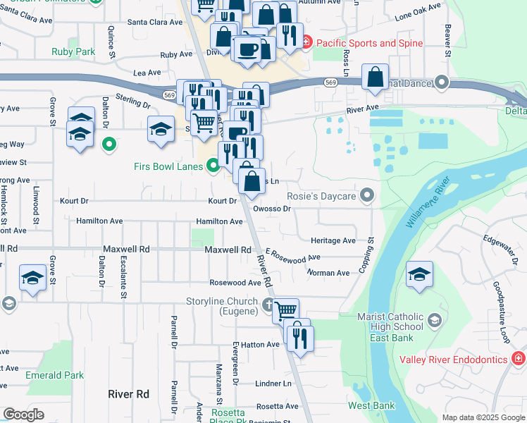 map of restaurants, bars, coffee shops, grocery stores, and more near 25 Owosso Drive in Eugene