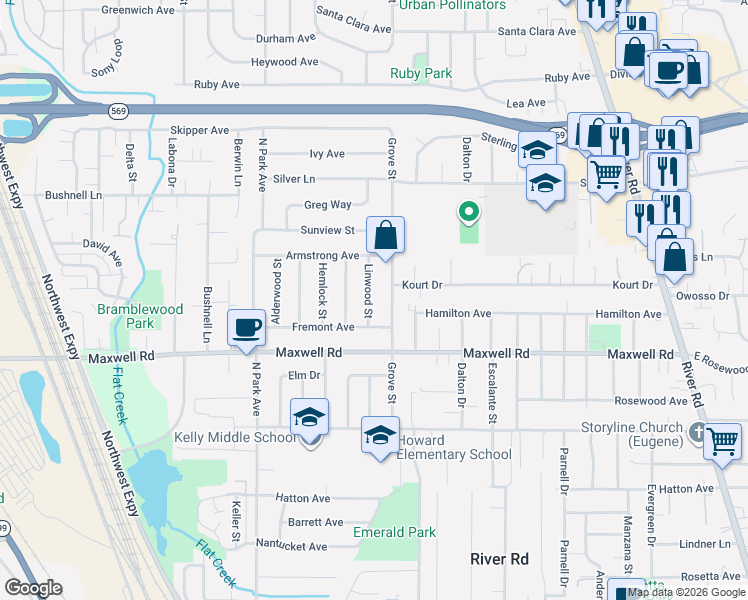 map of restaurants, bars, coffee shops, grocery stores, and more near 1800 Linwood Street in Eugene