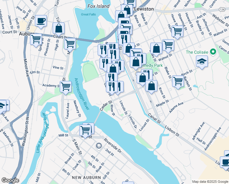 map of restaurants, bars, coffee shops, grocery stores, and more near 161 Lincoln Street in Lewiston
