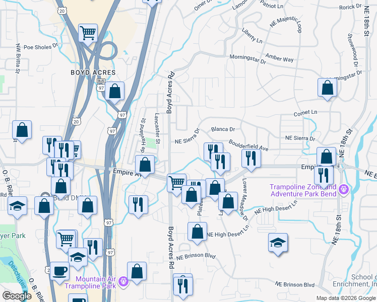 map of restaurants, bars, coffee shops, grocery stores, and more near 20593 Northeast Sierra Drive in Bend