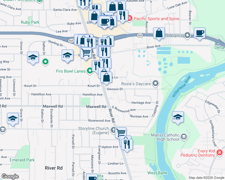 map of restaurants, bars, coffee shops, grocery stores, and more near 25 Owosso Drive in Eugene