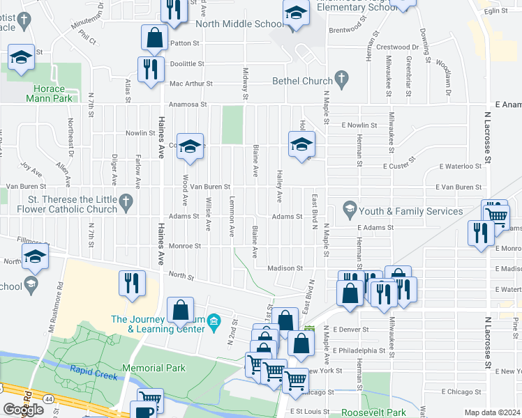 map of restaurants, bars, coffee shops, grocery stores, and more near 808 Blaine Avenue in Rapid City