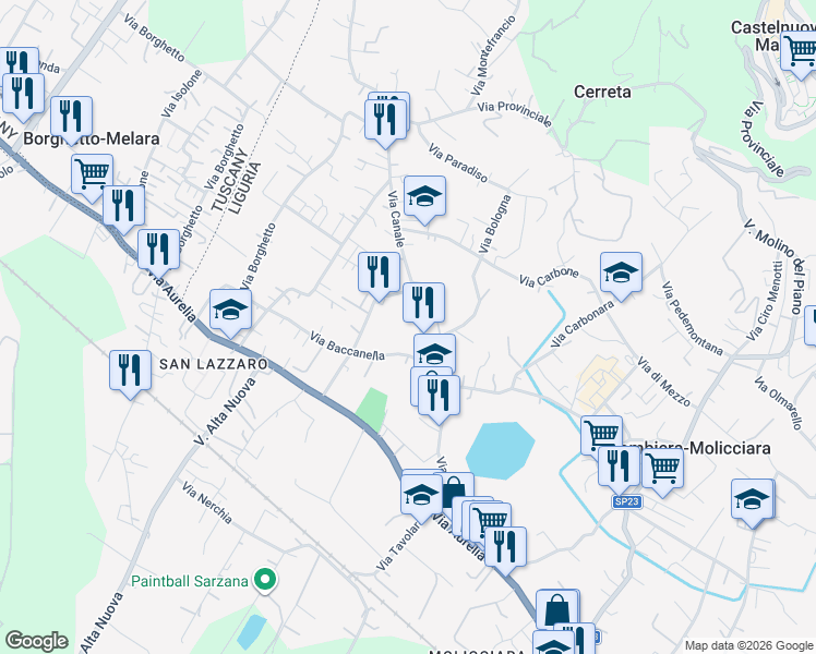 map of restaurants, bars, coffee shops, grocery stores, and more near in Colombiera-molicciara