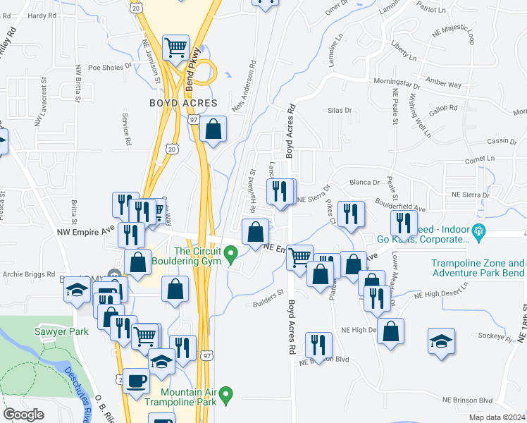map of restaurants, bars, coffee shops, grocery stores, and more near 20536 Avro Place in Bend