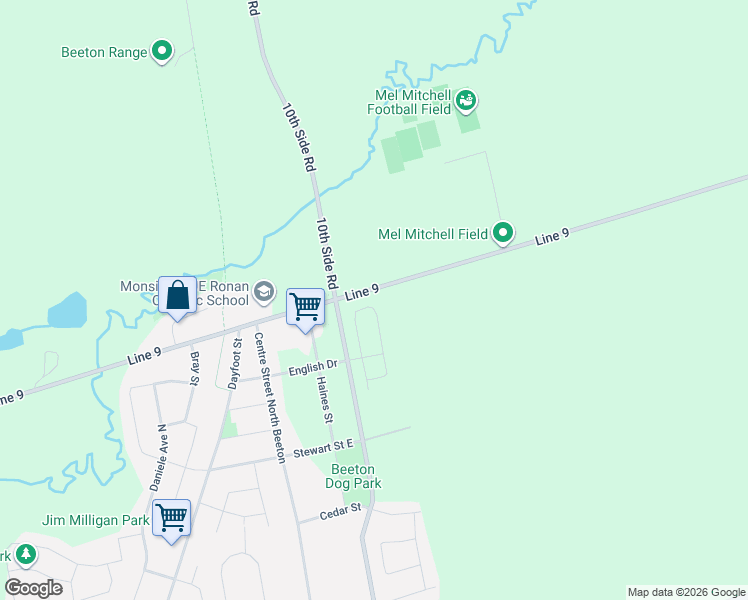 map of restaurants, bars, coffee shops, grocery stores, and more near 43 Brethet Heights in New Tecumseth