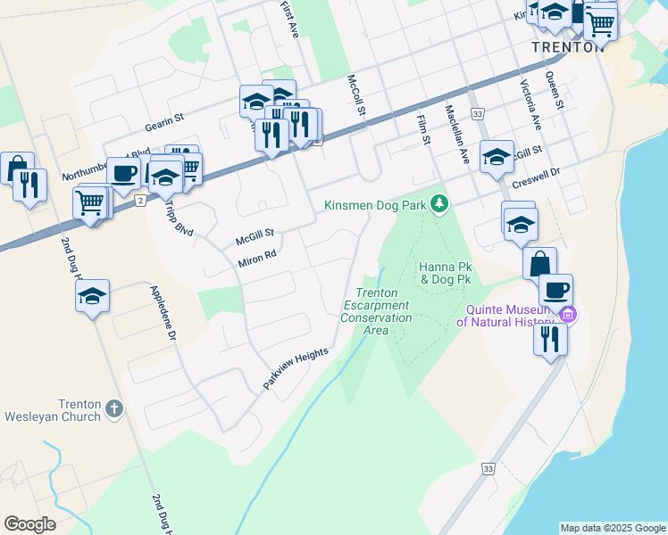 map of restaurants, bars, coffee shops, grocery stores, and more near 29 Edgeview Drive in Quinte West