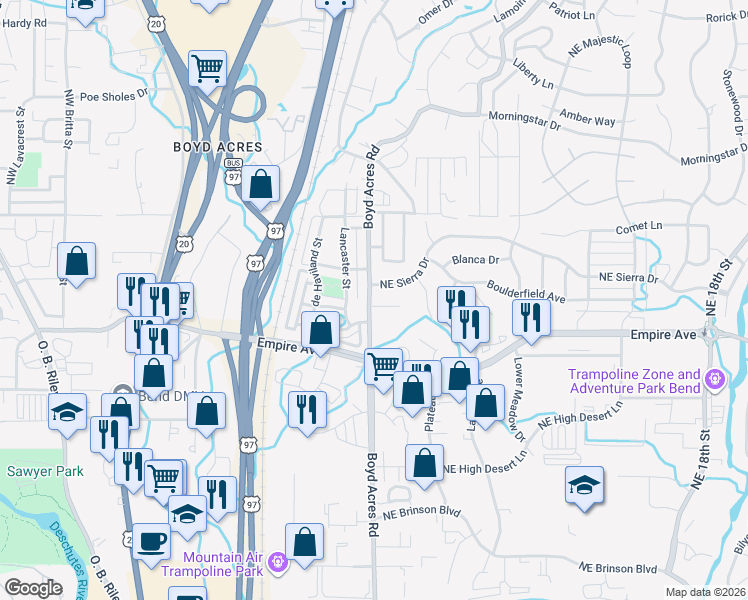 map of restaurants, bars, coffee shops, grocery stores, and more near 63147 Boyd Acres Road in Bend